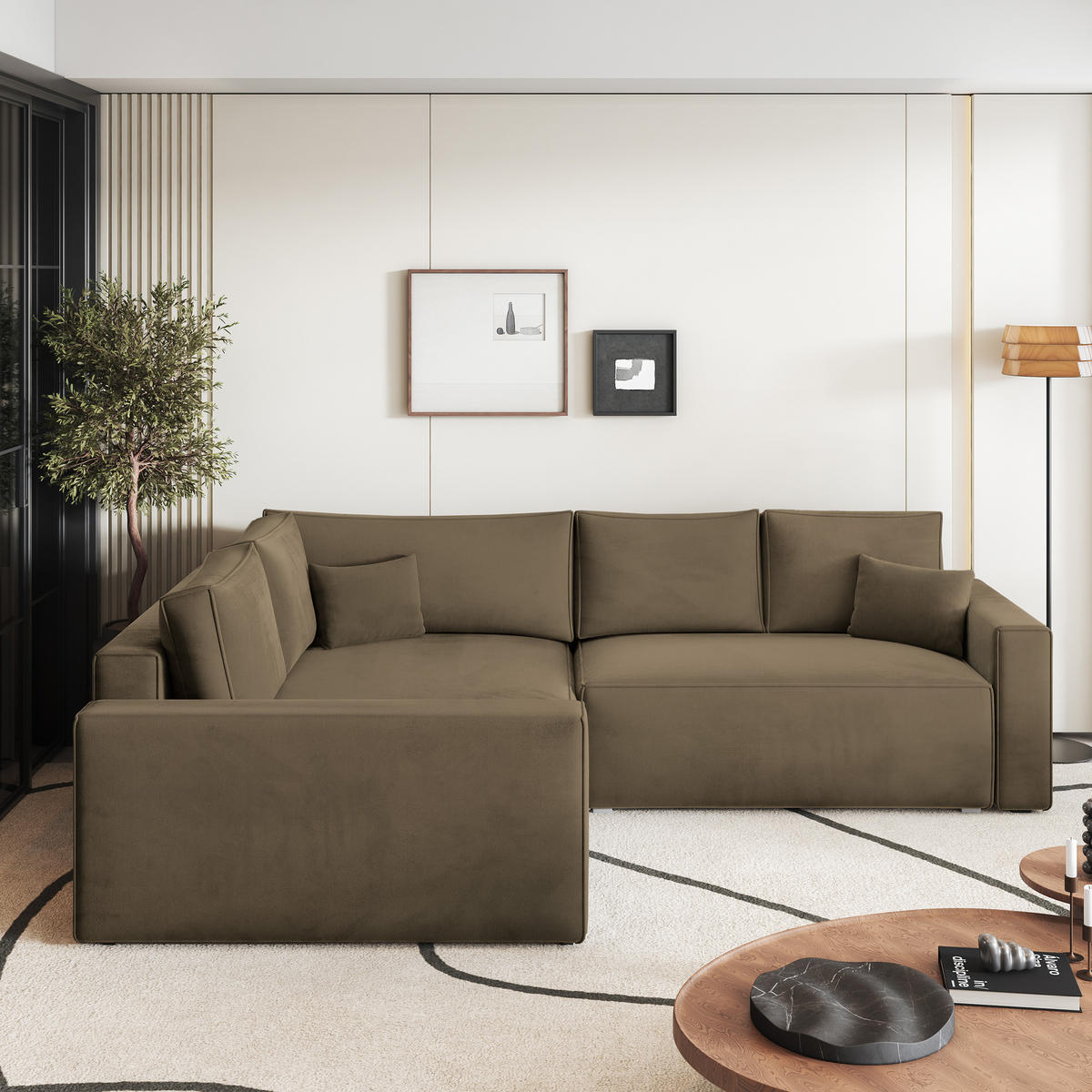 ECKSOFA ERONIS L-S Beige Velours-Stoff mit Schlaffunktion - Beige, Holz (265/194cm) - MASSENO