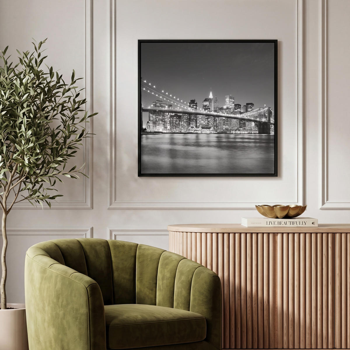 LEINWAND Bilder mit Rahmen - New York - Brücke - Brooklyn - Schwarz und weiß - Architektur - 50x50 - Schwarz, Textil (50/50cm) - MuchoWow