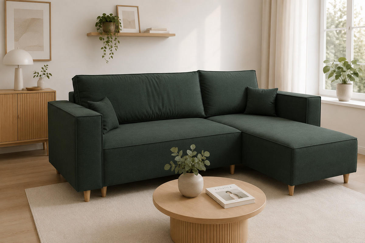 ECKSOFA RIO mit Schlaffunktion und Bettkasten, Farbe: Grün, Velourstoff, Ottomane Universal - Grün, Textil (249/142cm) - Marpur