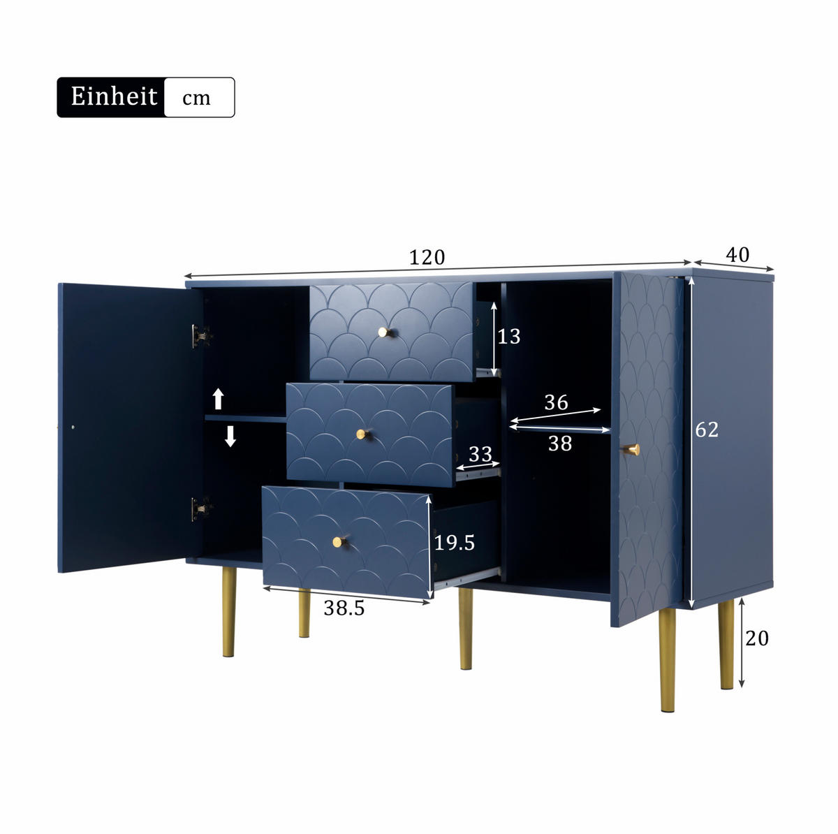SIDEBOARD aus Spanplatte und Metall 40x120x83 cm Marineblau mit 3 Schubladen und verstellbarem Fachboden - Dunkelblau, Metall (120/83/40cm) - IVMEU