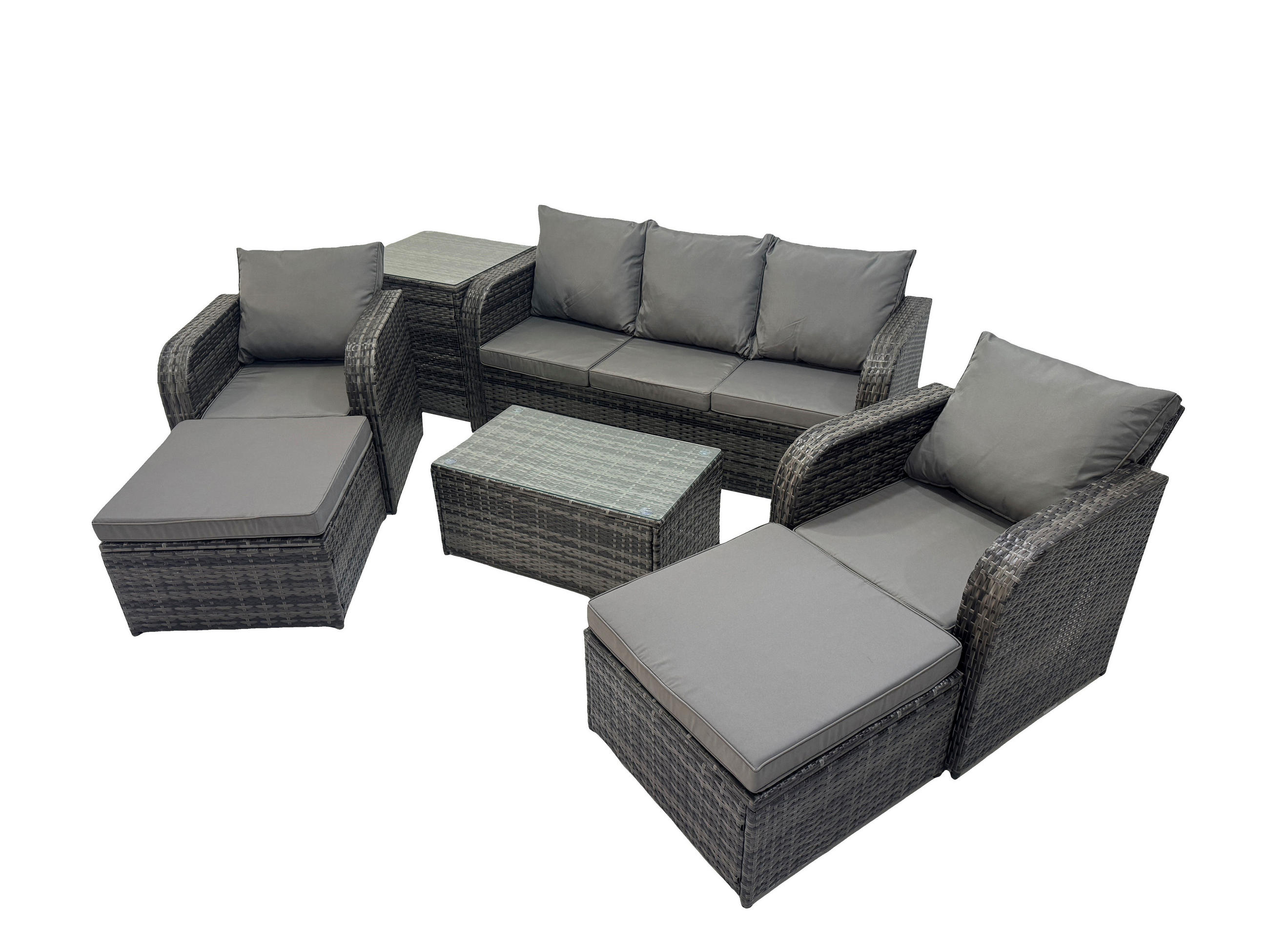 GARTENMÖBELSET mit Couchtisch Polyrattan 7-Sitzer - Dunkelgrau/Grau, Glas/Kunststoff - Fimous