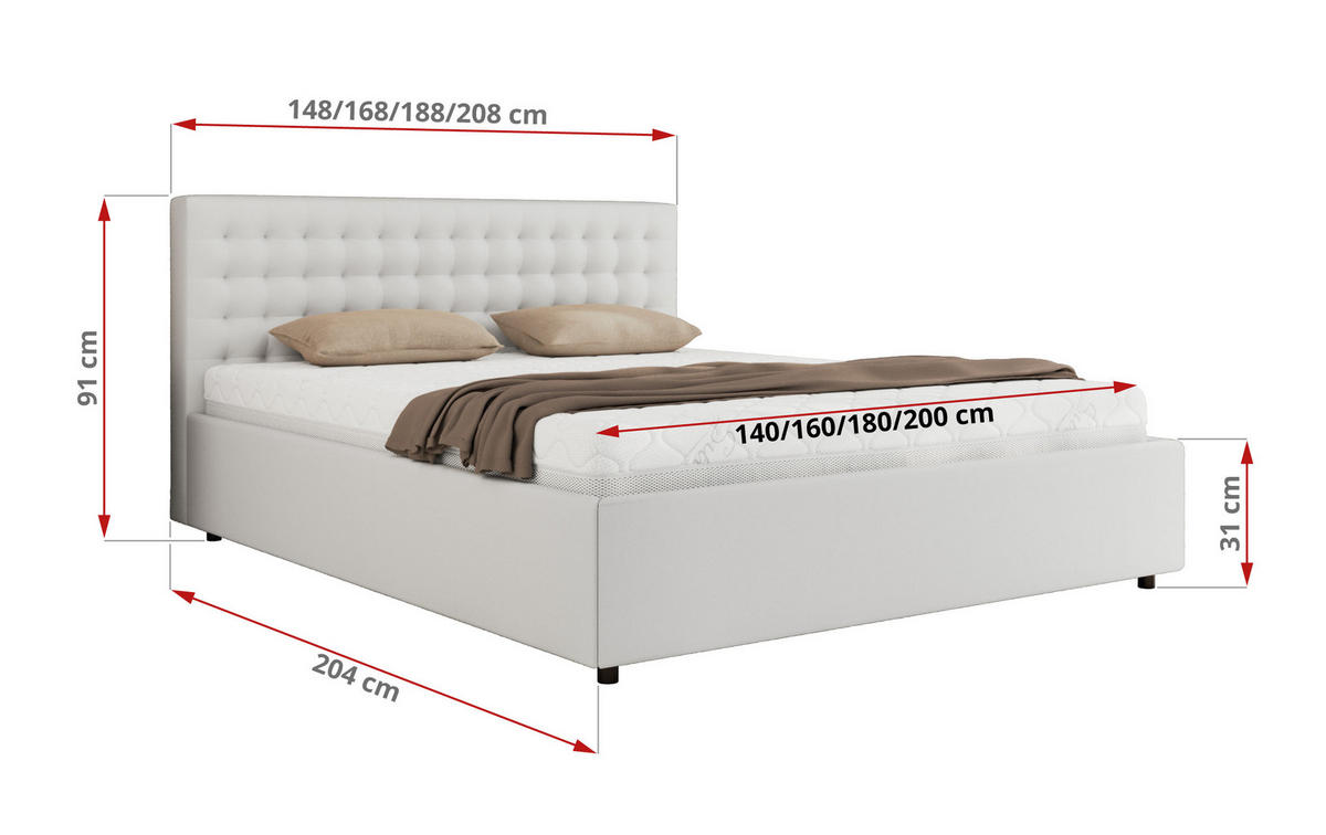 POLSTERBETT PAVO CLASSIC 140/200 - Weiß Kunstleder - Schaum-Matratze - Weiß, Textil (140/200cm) - MKS