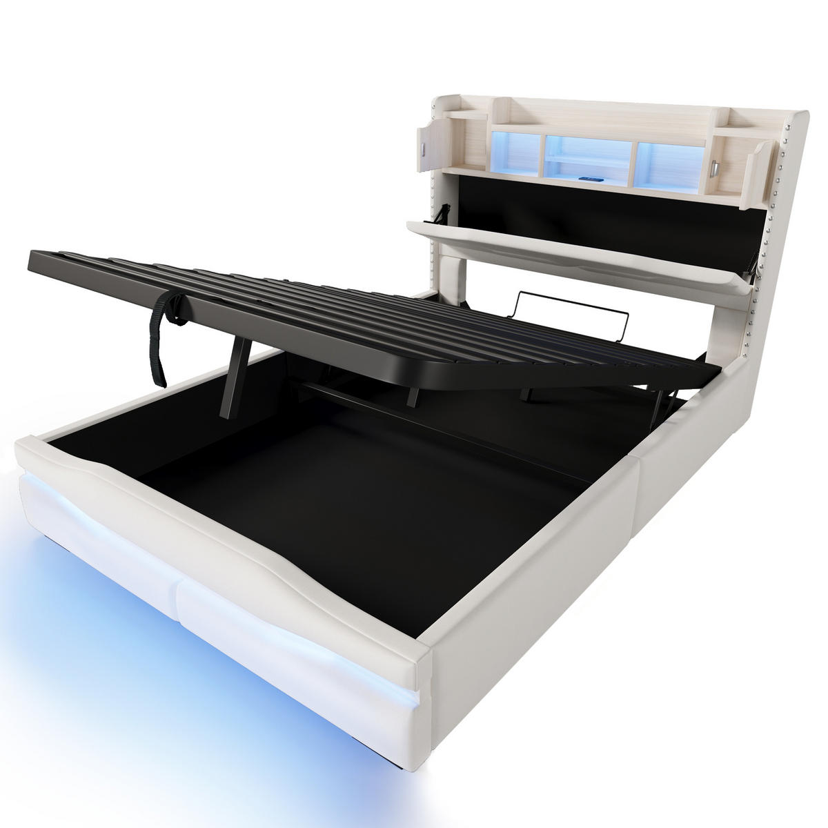 POLSTERBETT 140x200cm Beige USB-C LED-Licht Kopfteil Hydraulik - Beige, Holz (140/200cm) - FLIEKS