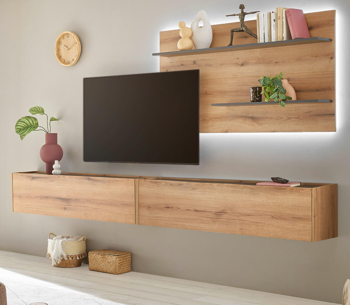 WOHNWAND Evoke Eiche, grau, Wohnkombination Set 3-teilig, 300 cm - Eichefarben/Grau, Holz/Holzwerkstoff (300/180/30cm) - Furn.Design