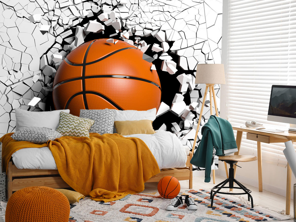 FOTOTAPETE für Jugendzimmer Basketball Wandbruch Sport 200x140 - Schwarz/Orange, Papier (200/140cm) - Muralo