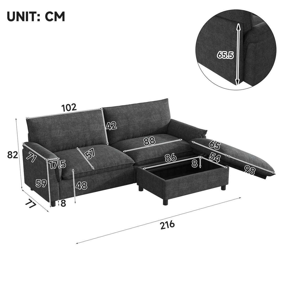 ECKSOFA 216/77/82 cm mit beweglichem Hocker, Stauraum und Schlaffunktion aus Chenille, Schwarz - Schwarz, Textil (216/77cm) - Redom