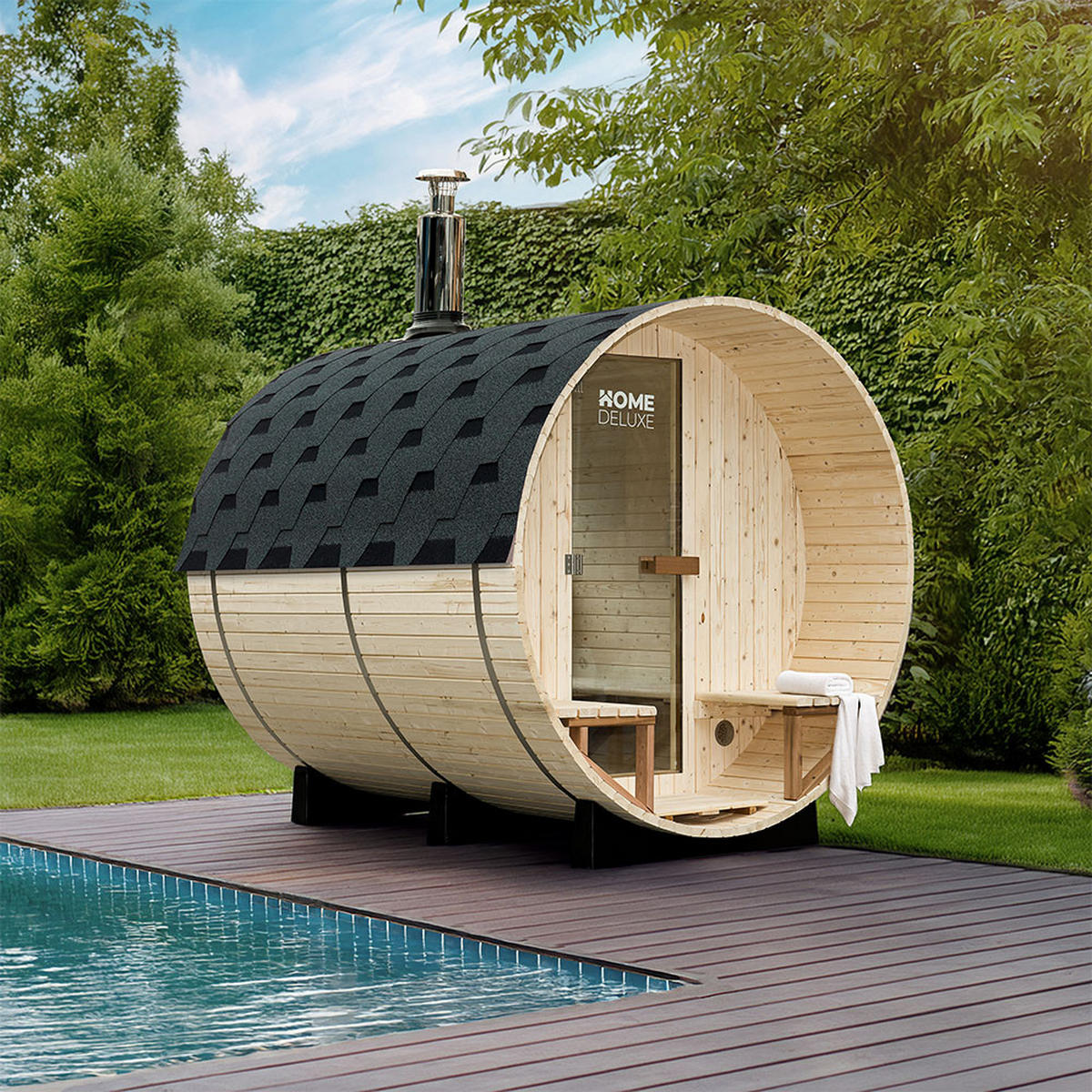 FASSSAUNA LAGOM DELUXE - ⌀ 210 x 240 cm - Naturfarben, Holz (210/297.3/240cm) - Home Deluxe