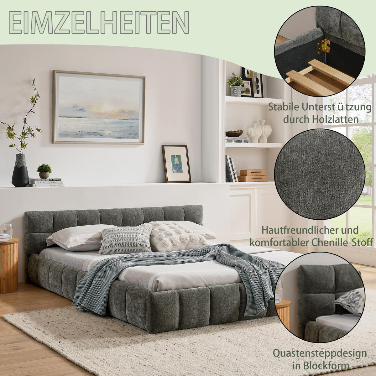 POLSTERBETT 160x200 cm Chenille grau - Dunkelgrau, Kunststoff (160/200cm) - LEBENLANG