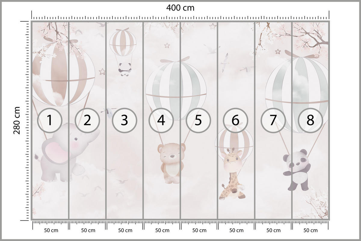 FOTOTAPETE für Kinderzimmer Tiere Himmel Elefant Giraffe Panda Vögel Ballons 400x280 - Multicolor, Papier (400/280cm) - Muralo