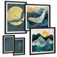 BILDER SET 5er Set - 50x50 cm & 20x30 cm & 40x60 cm Schwarzer Rahmen - Vögel, Kraniche, Mond, Berge - Schwarz, Kunststoff (40/60cm) - TULUP