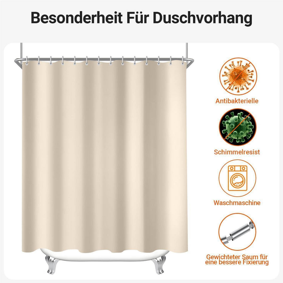 DUSCHVORHANG Beige 300 x 200 cm mit beschwertem Saum und 20 Ringen - Beige, Textil (300/200cm)