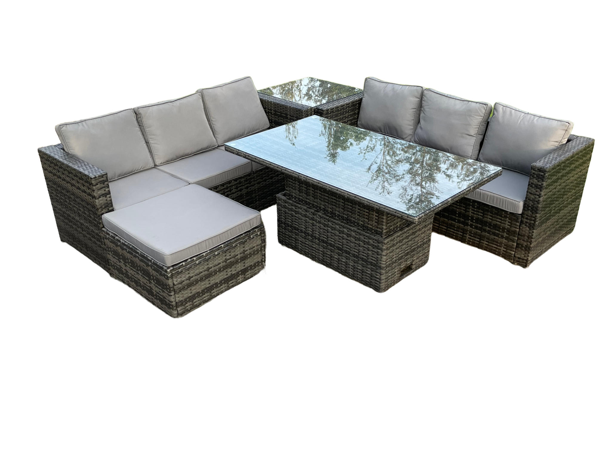 LOUNGESOFA Polyrattan 7-Sitzer - Dunkelgrau/Grau, Glas/Kunststoff - Fimous