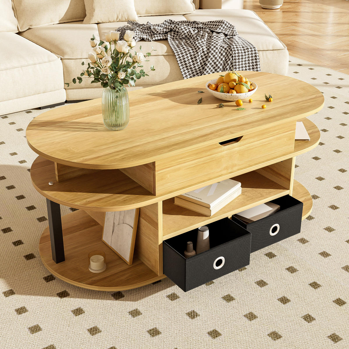COUCHTISCH Holzoptik mit Hubfunktion, Stauraum und 2 Schubladen - Cognac, Metall (100/50/60cm)