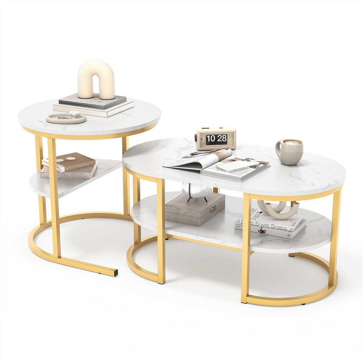 COUCHTISCH 2er-Set - Ovaler und Runder Couchtisch in Marmoroptik mit Ablage - Weiß und Gold - Goldfarben, Holzwerkstoff (46/80/41cm) - DELFA