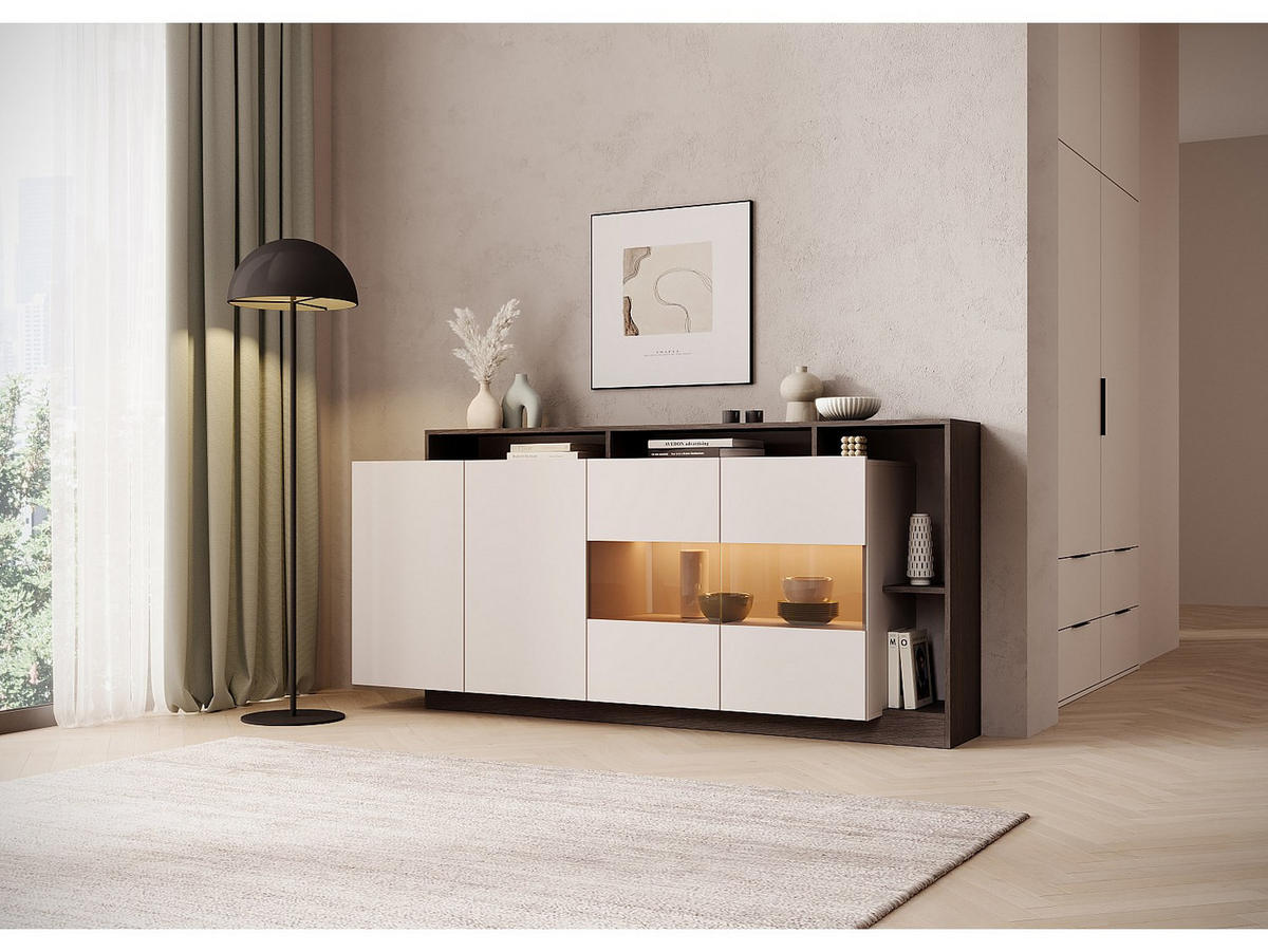 SIDEBOARD mit 4 Türen & 4 Ablagefächern - Mit LED-Beleuchtung - Beige und Natur Dunkel - IDESIA - Naturfarben, Holz (200/92.8/43.6cm) - Vente-Unique
