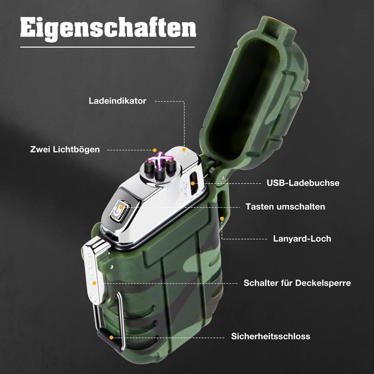 FEUERZEUG Elektrisch Wasserdicht Winddicht USB Wiederaufladbar Tarnung - Multicolor, Kunststoff (11.9/4.6/17.8cm)