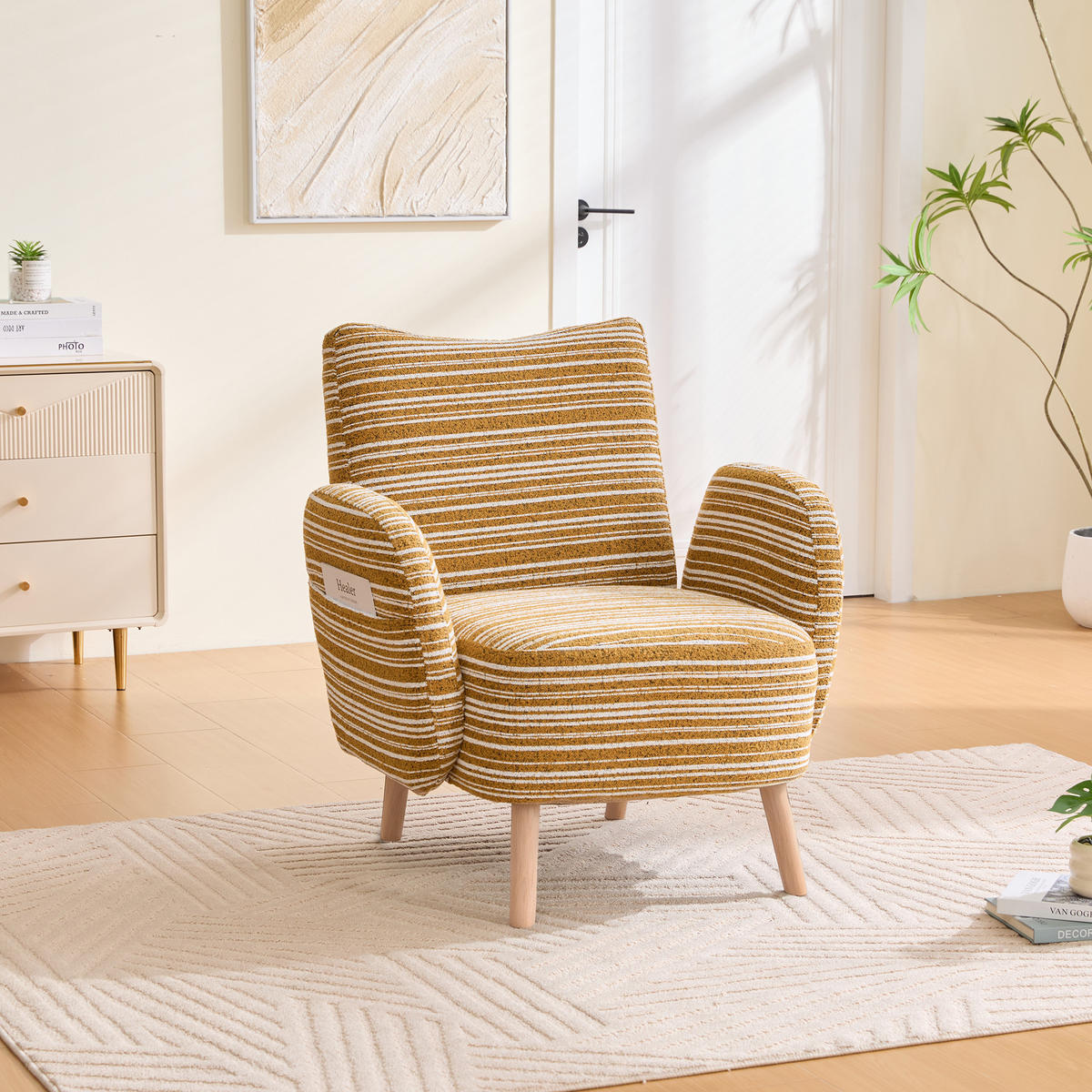 SESSEL Bouclé Senfgelb mit Seitentasche - Gelb, Holzwerkstoff/Textil (77/87/81cm) - WISHDOR