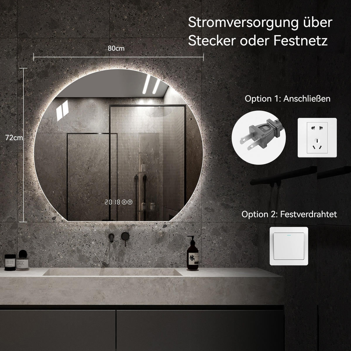 LED Badezimmerspiegel 80x72x2.5cm Silber, dimmbar mit 3 Lichtfarben, Entspiegelung & Smart-Display - Silberfarben, Glas (2.5/80/72cm) - Modfu