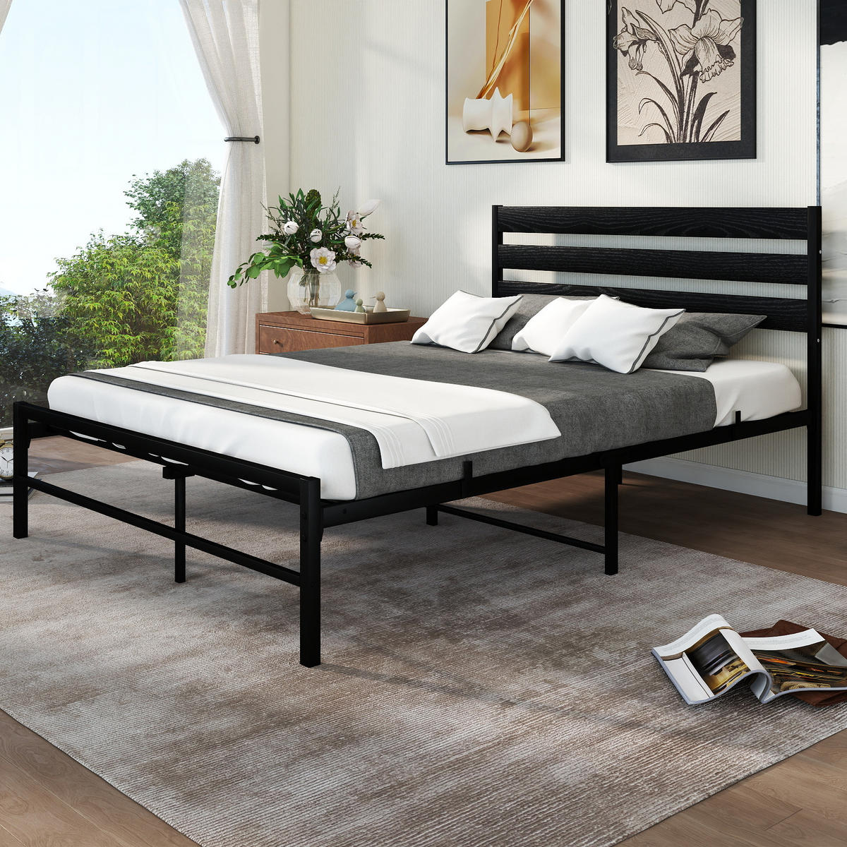 METALLBETT 140/200 cm Schwarz mit komfortablem Kopfteil - Schwarz, Metall (140/200cm) - OKWISH