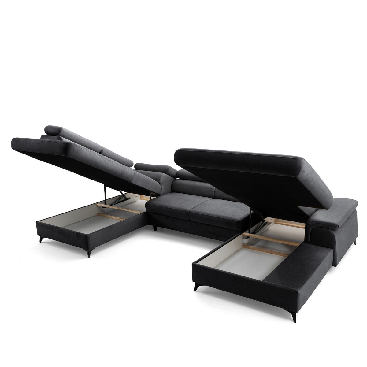 ECKSOFA U-Form PLAZA U Links mit Schlaffunktion 125x256 Velours Anthrazit - Anthrazit/Schwarz, Holz/Kunststoff (210/95/350cm) - Muffo
