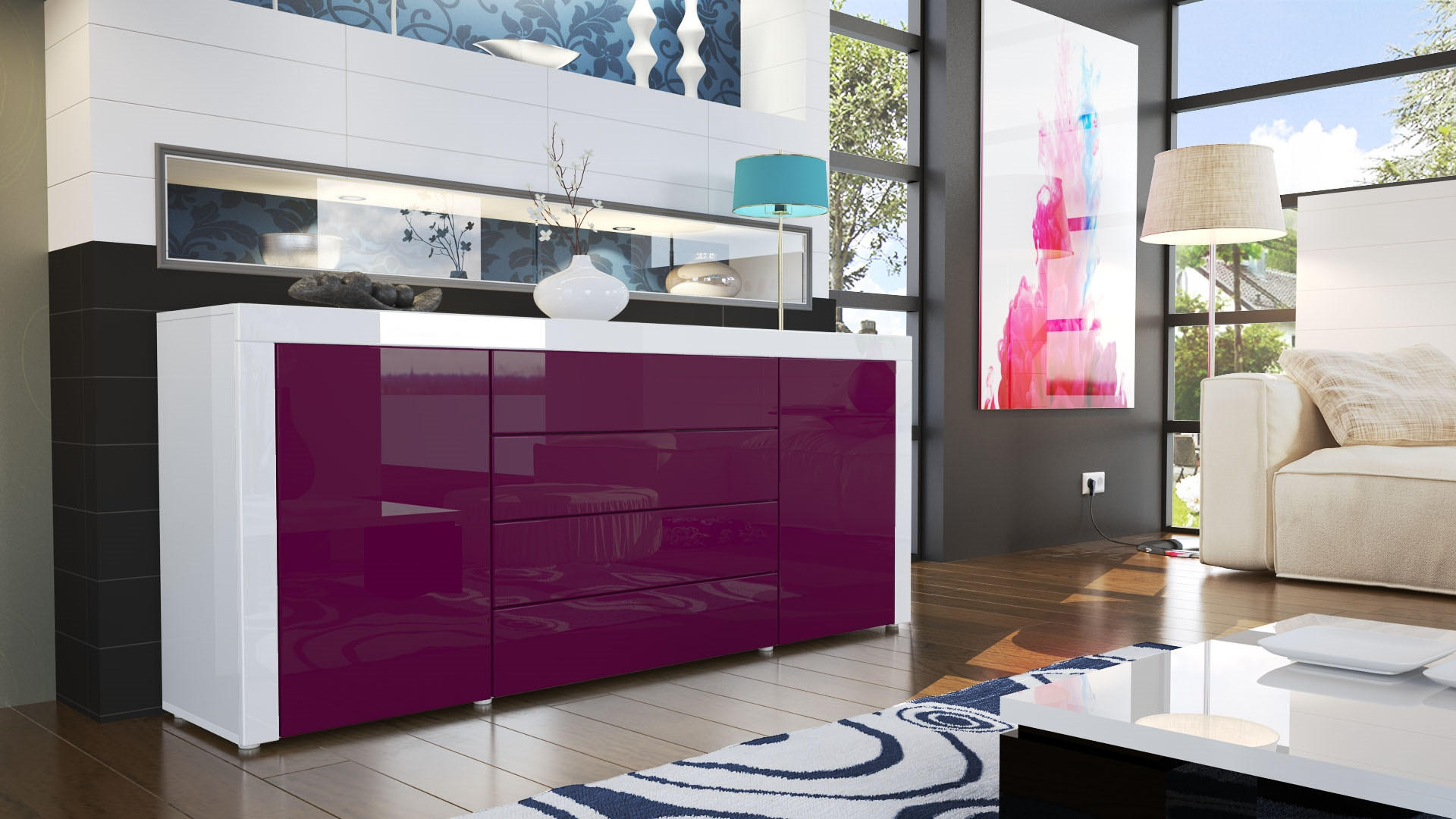 SIDEBOARD La Paz Brombeer Hochglanz / Weiß Hochglanz - Brombeere, Holzwerkstoff (167/72/35cm) - Vladon