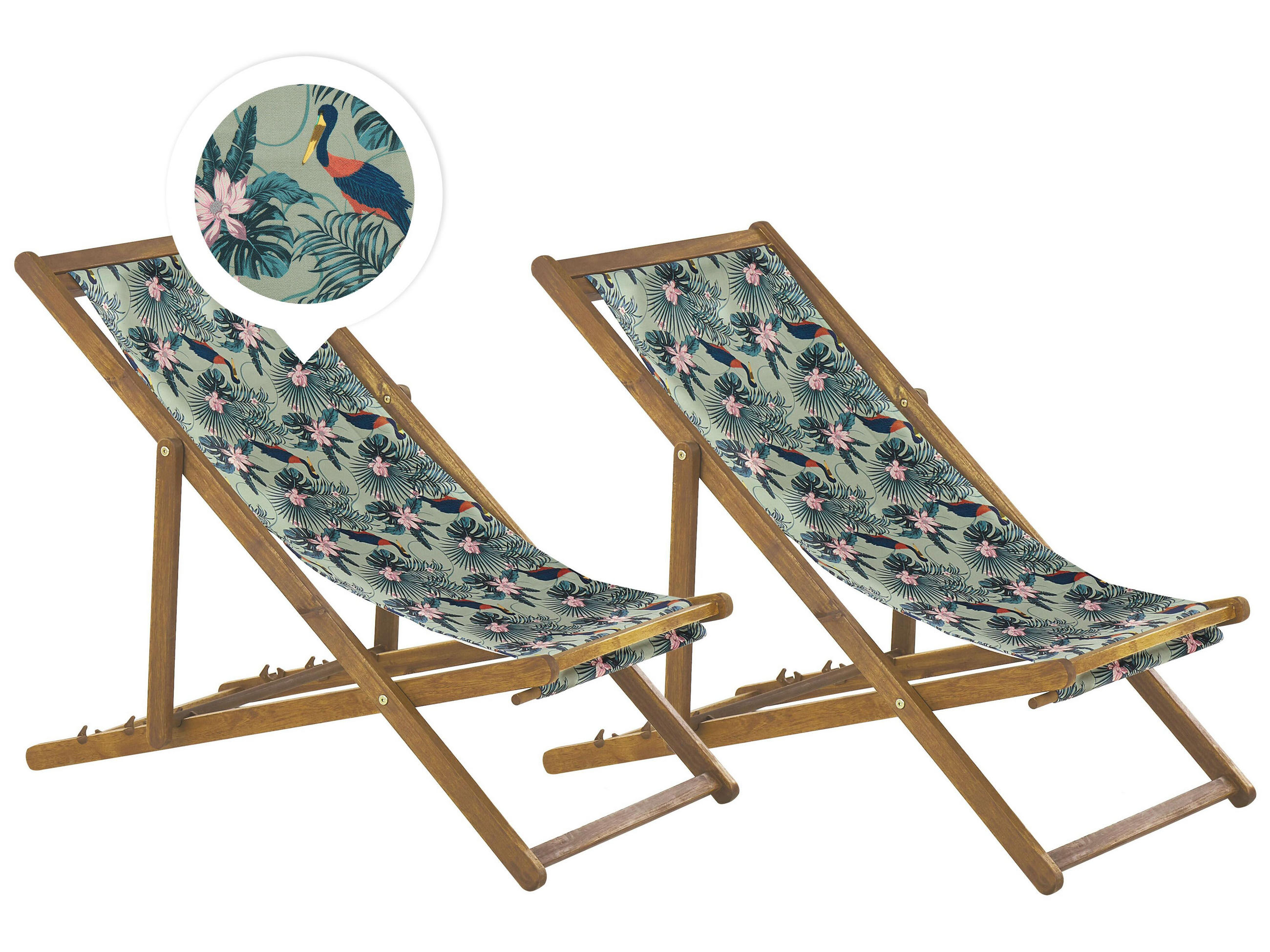 GARTENLIEGE 2er-Set hellbraun Textil weiß/bunt Pelikanmotiv Anzio - Hellbraun/Multicolor, Textil (54/70/97cm) - Beliani