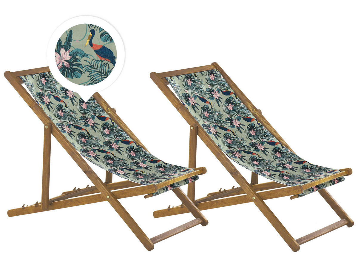 GARTENLIEGE 2er-Set hellbraun Textil weiß/bunt Pelikanmotiv Anzio - Hellbraun/Multicolor, Textil (54/70/97cm) - Beliani