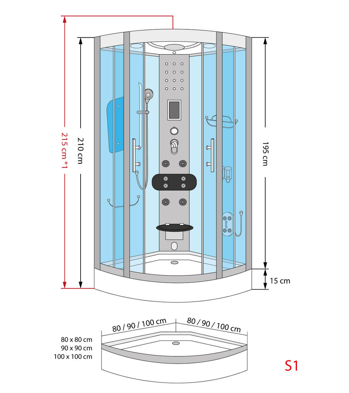 DAMPFDUSCHE Duschkabine D58-20T2-EC Weiß 100x100 - Weiß, Glas/Kunststoff (100/100/215cm) - AcquaVapore by Sandra Jentho