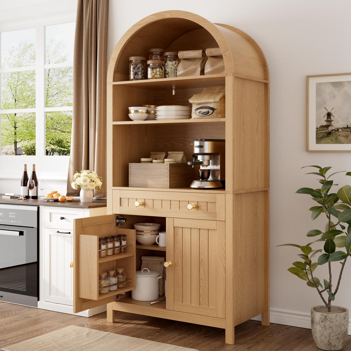 BUFFET Hochschrank mit Bogenfront, Doppeltüren und verstellbaren Einlegeböden - Eichefarben, Holzwerkstoff (40/180/76cm) - Korfee