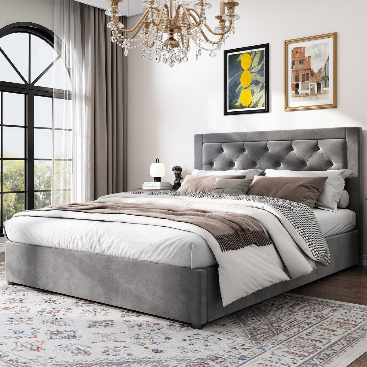 POLSTERBETT 140/200 cm Grau aus Samt mit Stauraum und Chesterfield-Kopfteil - Grau, Metall (140/200cm) - Flora Grace