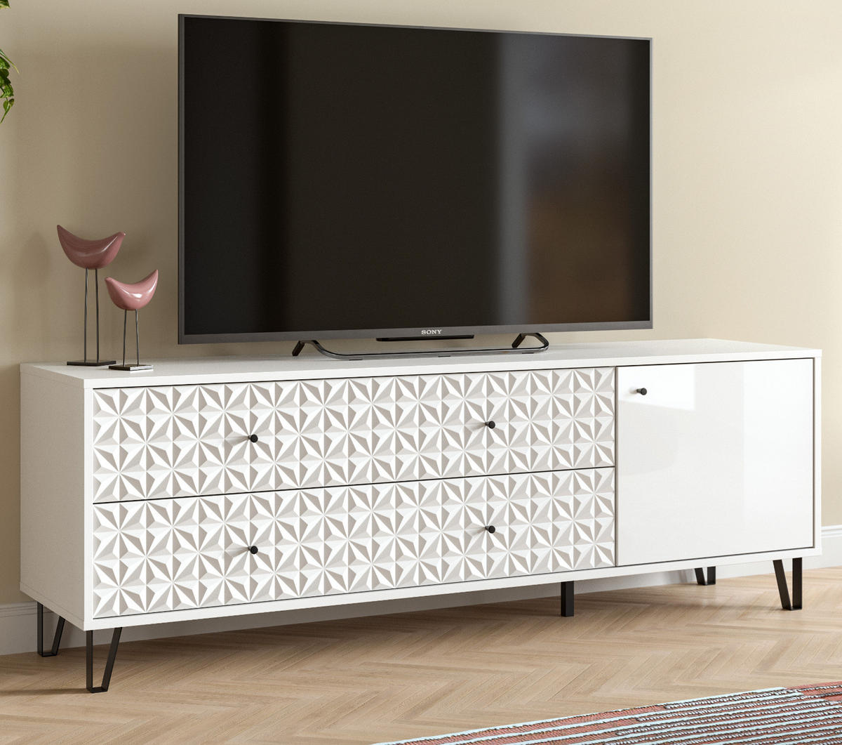TV-LOWBOARD weiß Hochglanz 164 x 56 cm, TV Unterteil mit 3D-Struktur - Weiß Hochglanz/Schwarz, Holzwerkstoff/Kunststoff (164/56/40cm) - Inn.Furn