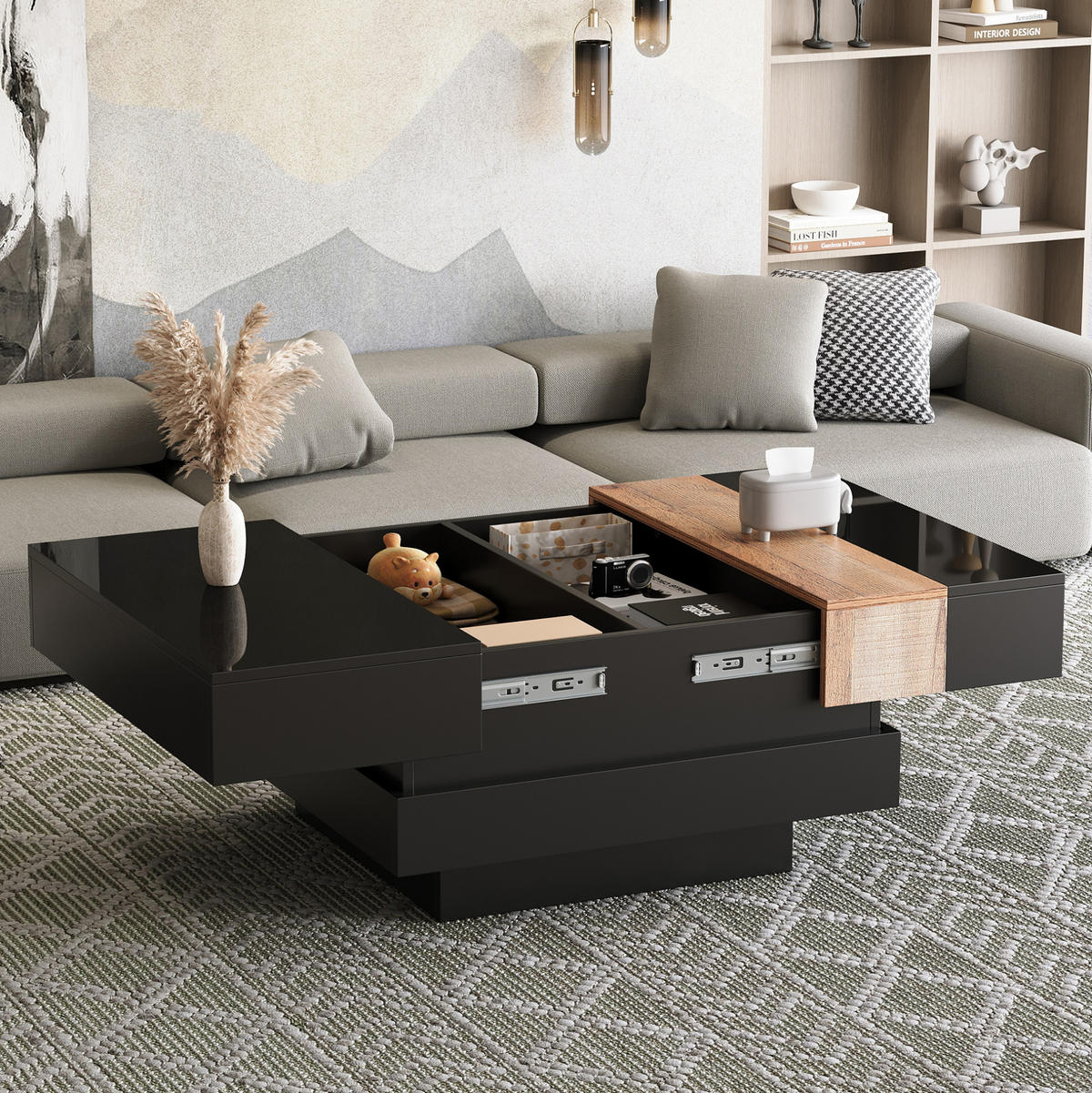 COUCHTISCH 70/70/39 cm mit ausziehbarer Tischplatte, verstecktem Stauraum und Hochglanzoberfläche aus MDF, Schwarz - Schwarz, Holzwerkstoff (70/70/39cm) - Modfu