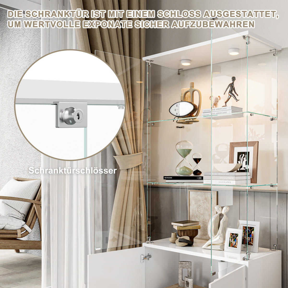 GLASVITRINE 4 Türen 6 Einlegeböden LED Touch weiß - Weiß, Holz (78.5/164/35cm) - LEBENLANG