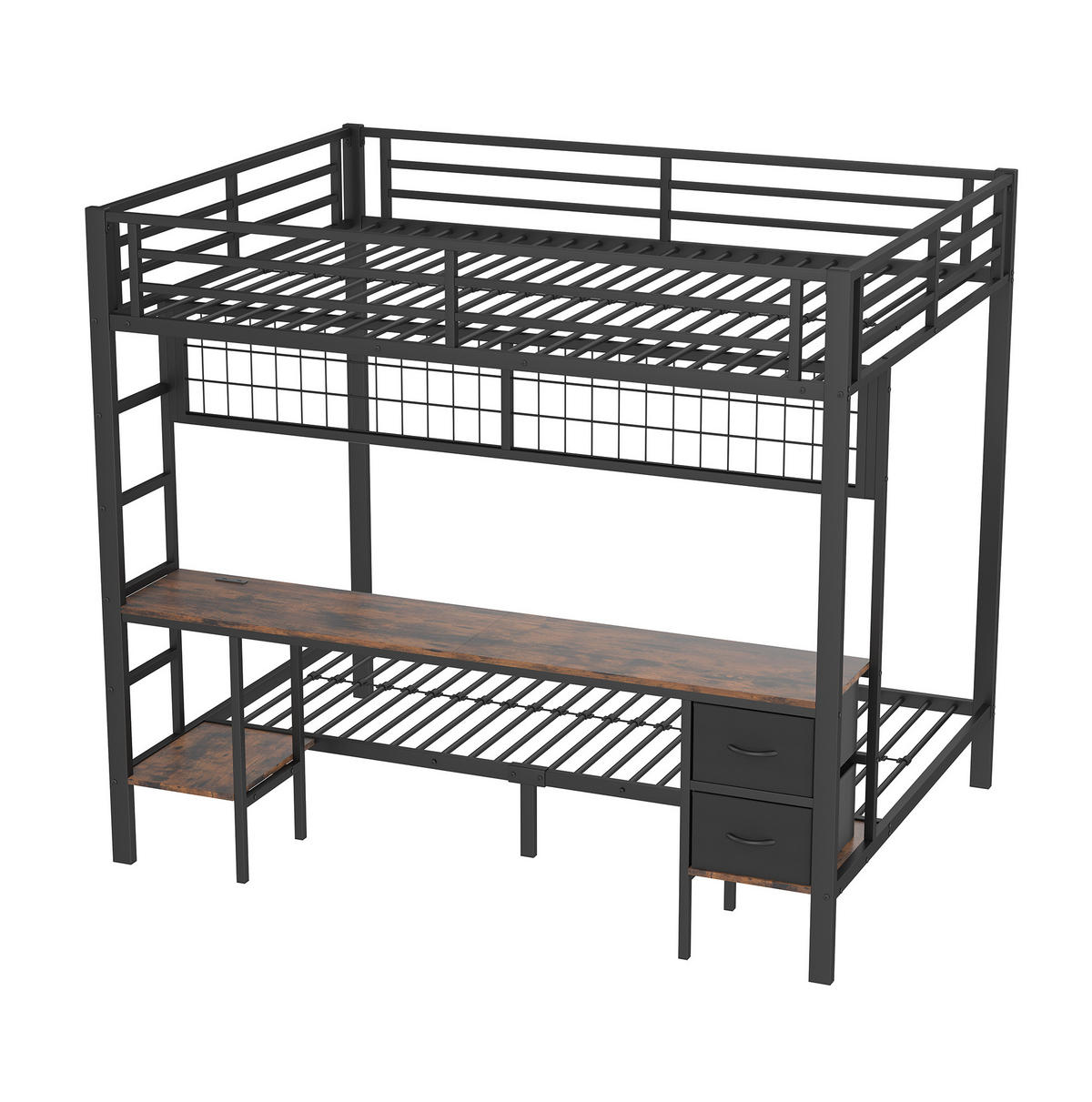 HOCHBETT 140/200 cm mit Schreibtisch, Schubladen, Regalen, Hängegitter, LED-Leiste und USB-Anschluss, Schwarz - Schwarz, Metall (140/200cm) - Redom