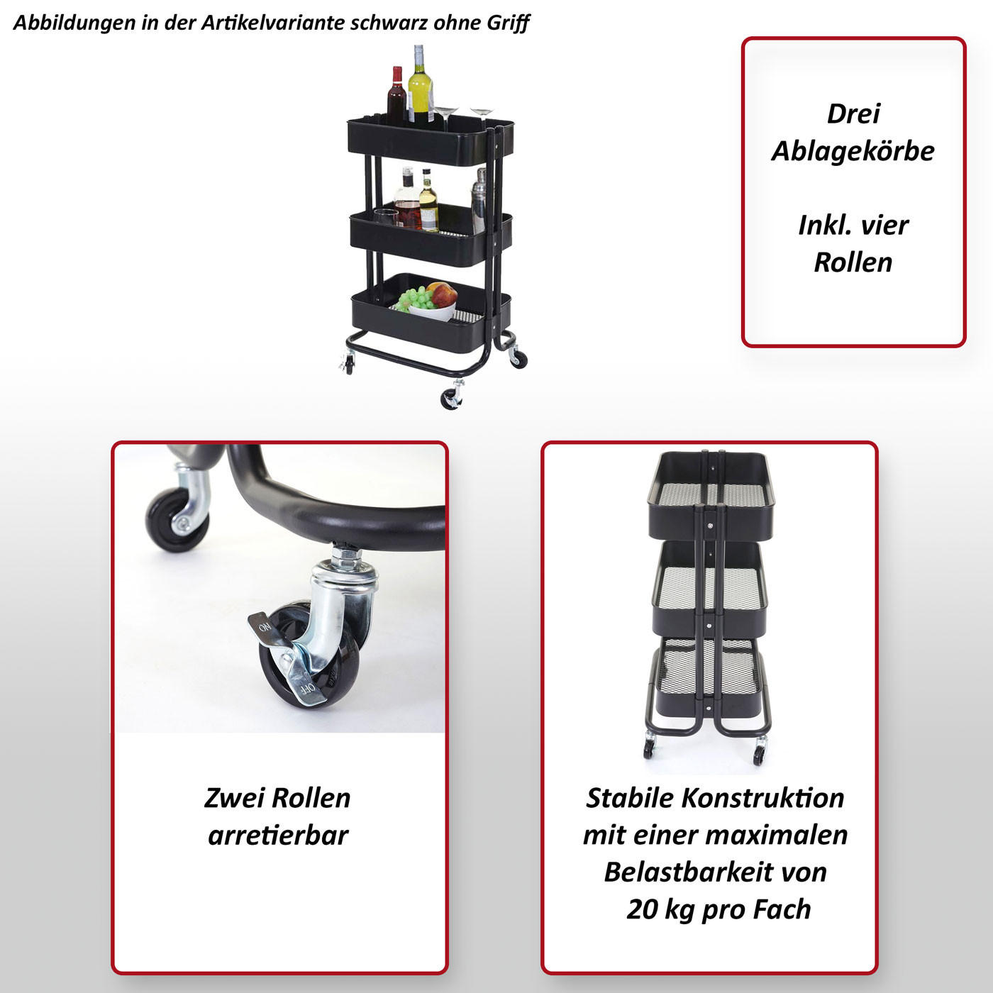 SERVIERWAGEN MIT GRIFF Schwarz - Schwarz, Metall (44/86/37cm) - MCW