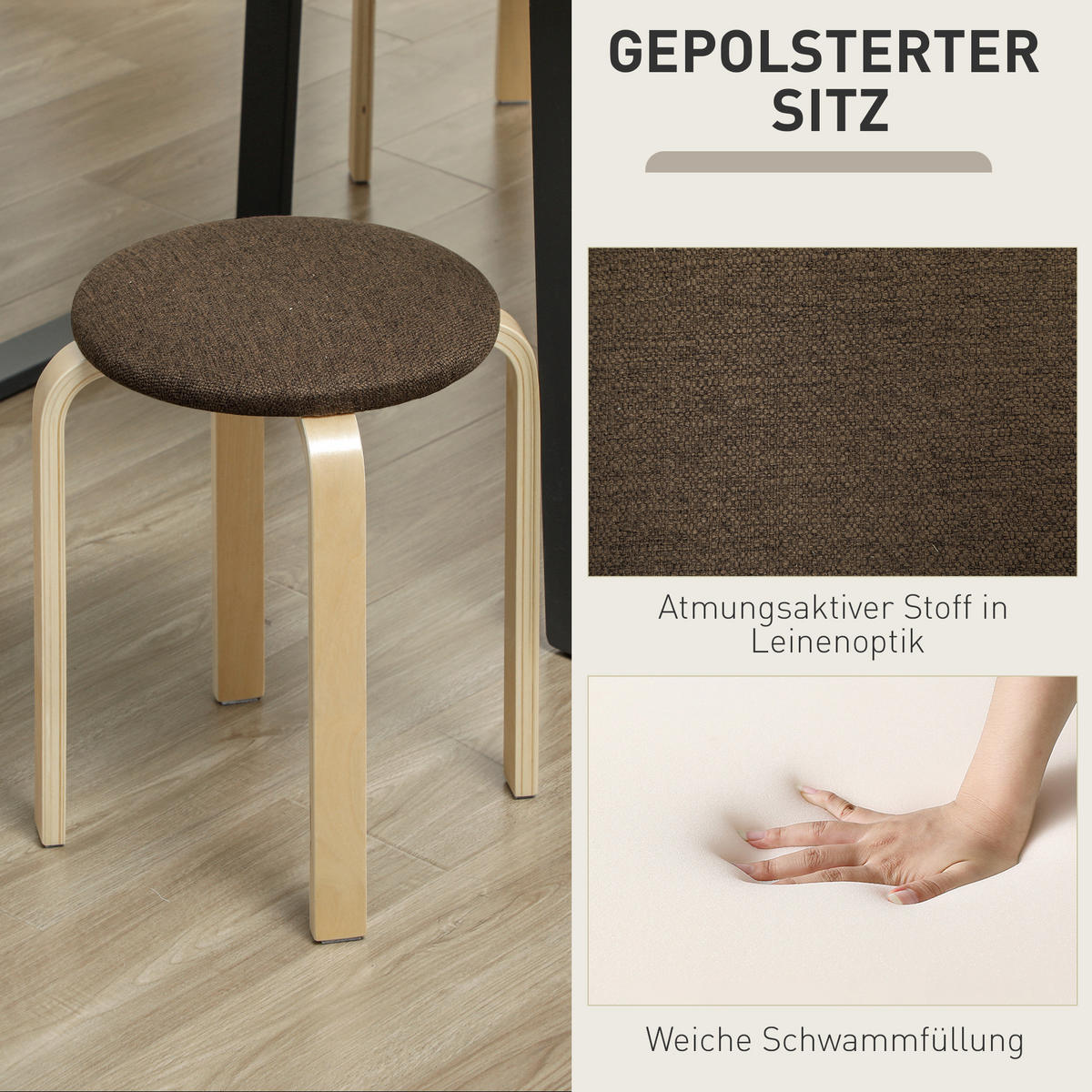 POLSTERHOCKER DE-06921 4er-Set stapelbar mit lackierter Oberfläche Braun - Braun, Holz (40/45/40cm) - ComfortXL