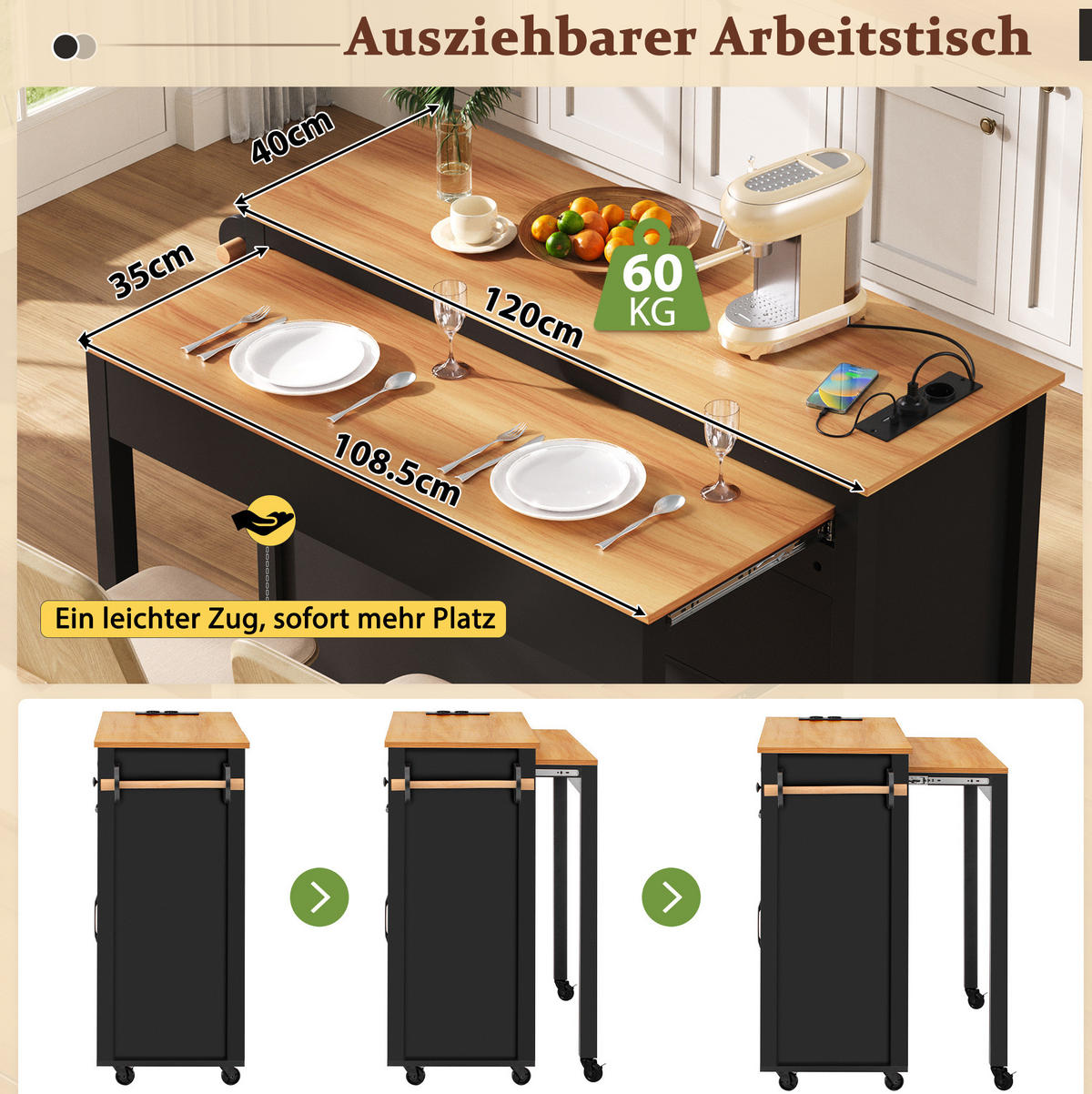 KÜCHENINSEL mit Ausziehplatte 120 cm Schwarz MDF - Schwarz, Holz (40/92/120cm) - Beauniv