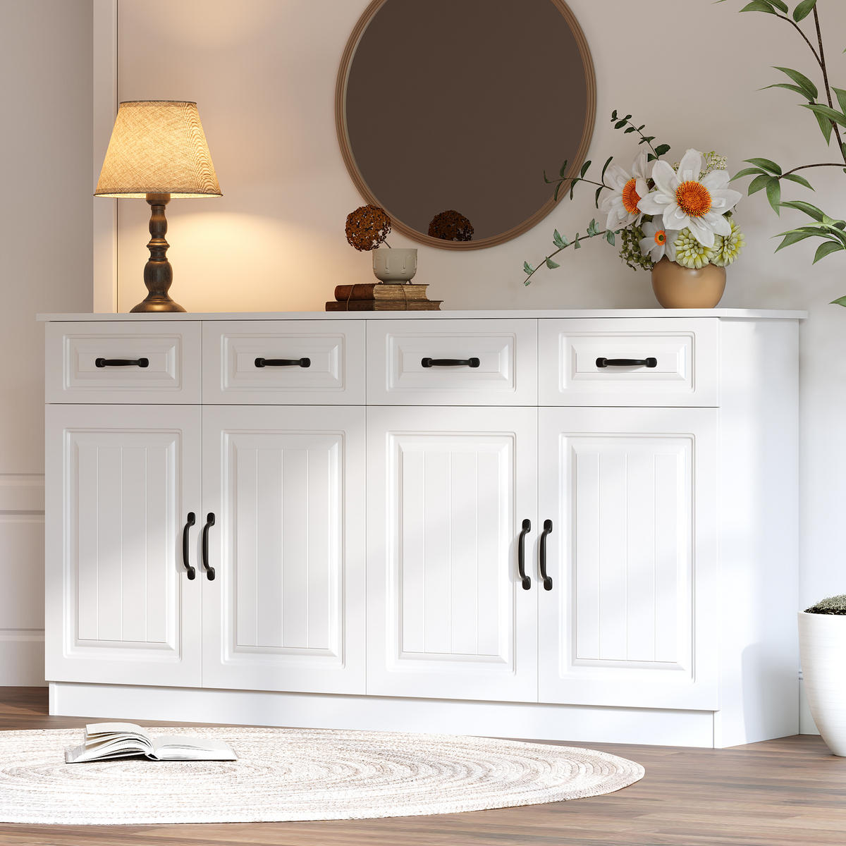 SIDEBOARD Weiß MDF 4 Schubladen 4 Türen 160cm gerillt modern - Weiß, Holzwerkstoff (160/80/35cm) - FLIEKS