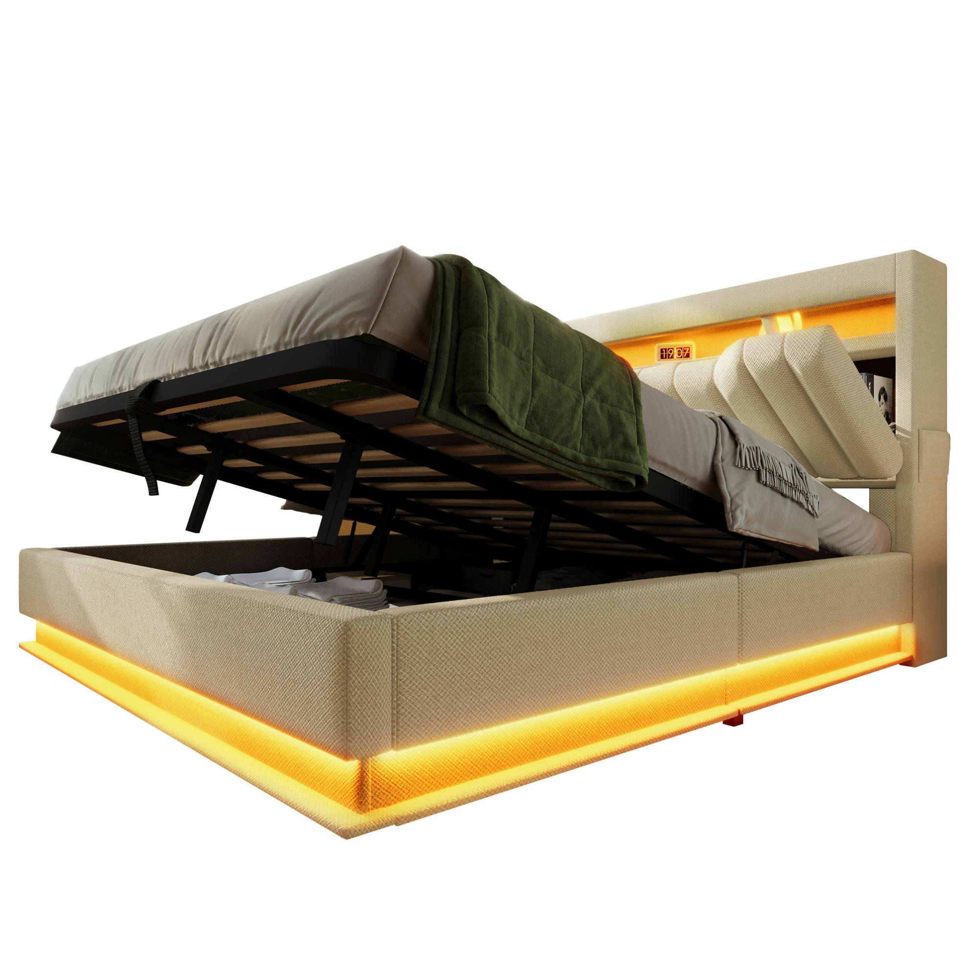 POLSTERBETT mit LED und Stauraum 140x190 cm Beige Leinen - Beige, Metall (140/190cm) - Meubliv
