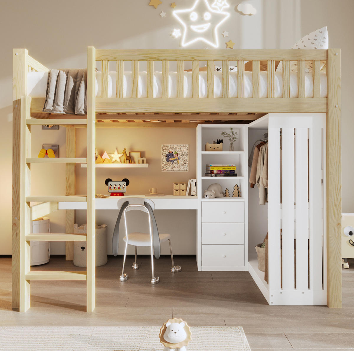 HOCHBETT 140/200 cm Natur mit Schreibtisch, Kleiderschrank und 3 Schubladen - Naturfarben, Holz (140/200cm) - Flora Grace