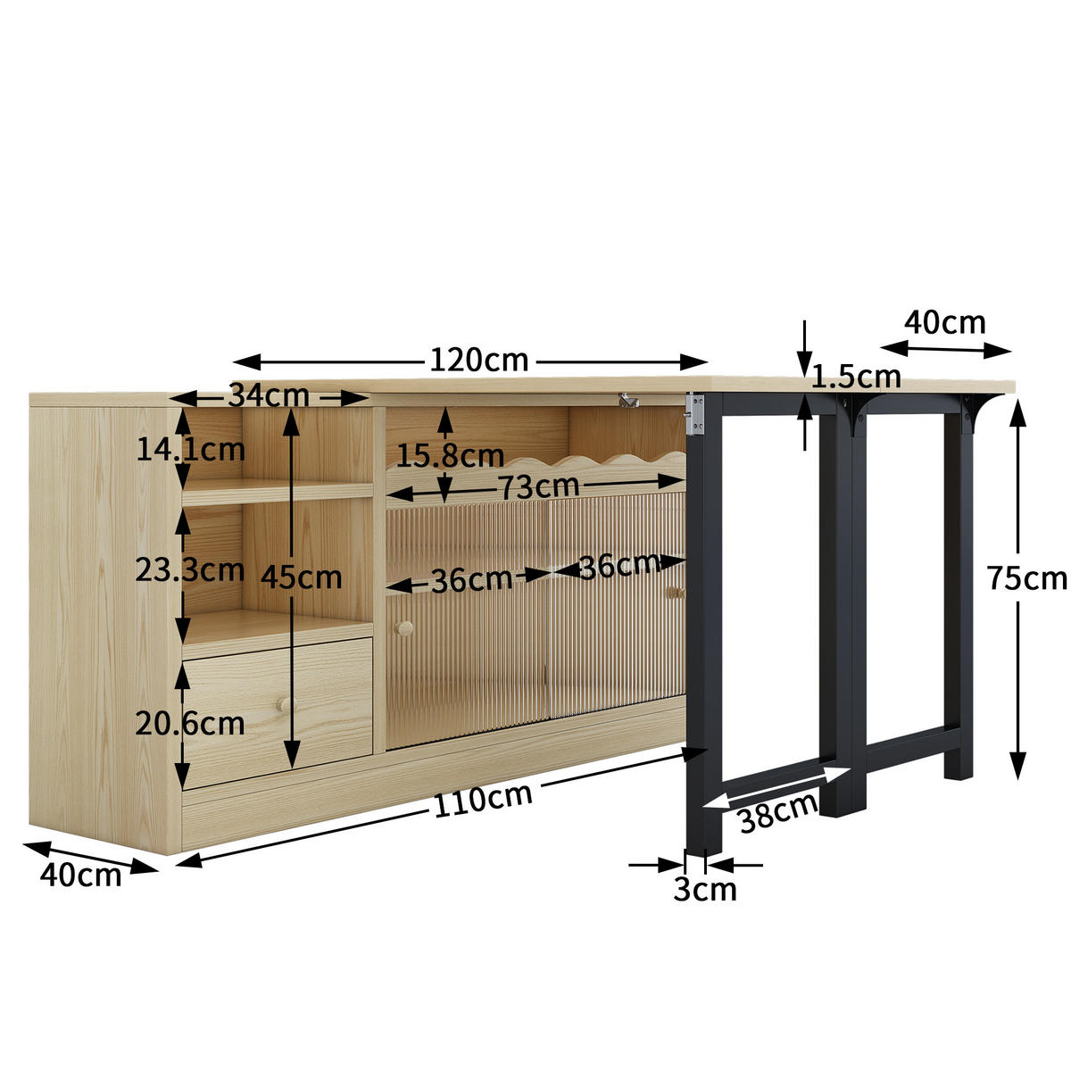 ESSTISCH Multifunktions & Sideboard (klappbar) mit Stauraum - Naturfarben, Holzwerkstoff/Metall (110/120/75cm) - Urban Meuble