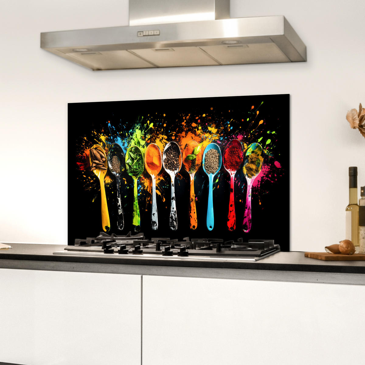 SPRITZSCHUTZ KÜCHE Löffel - Gewürze - Modern - Graffiti - Farbe - Farbenfroh 70x50 cm - Multicolor, Metall (70/0.3/50cm) - MuchoWow