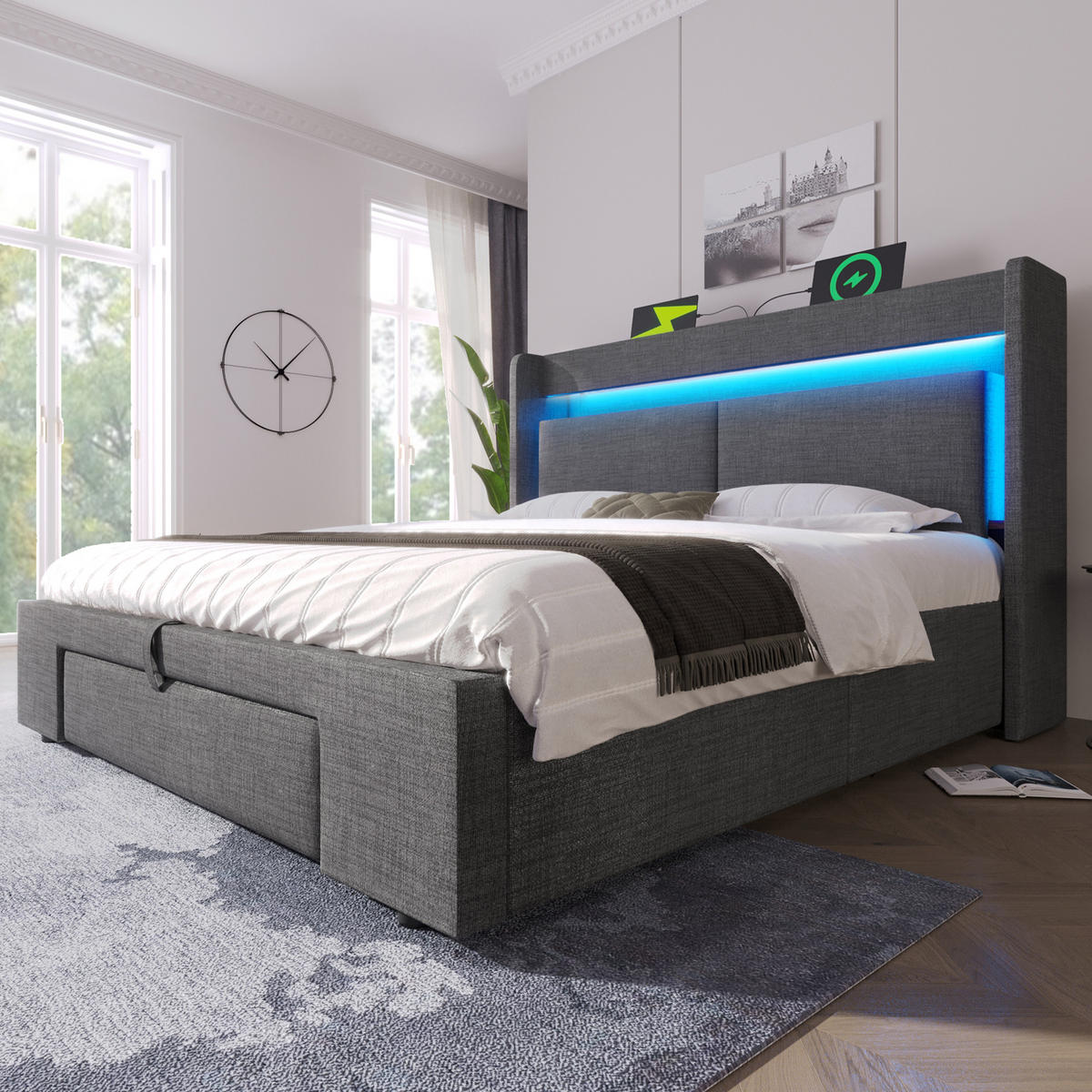 POLSTERBETT 140/200 cm mit LED, USB/USB-C, hydraulischem Stauraum und Kopfteil mit Ablage, Leinen, Grau - Grau, Textil (140/200cm) - Redom