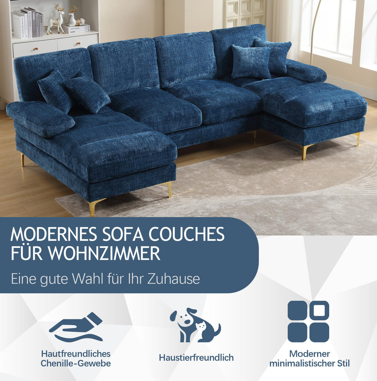 U-FORM Wohnlandschaft Chenille mit 2 Liegeflächen 272/136/88 cm Blau - Blau, Textil/Metall (136/88/272cm) - Redom
