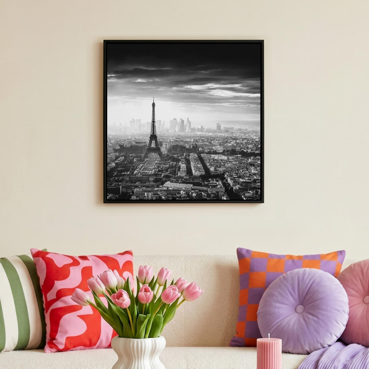LEINWAND Bilder mit Rahmen - Paris - Skyline - Eiffelturm - Stadt - Wolken - 50x50 - Dunkelgrau, Textil (50/50cm) - MuchoWow