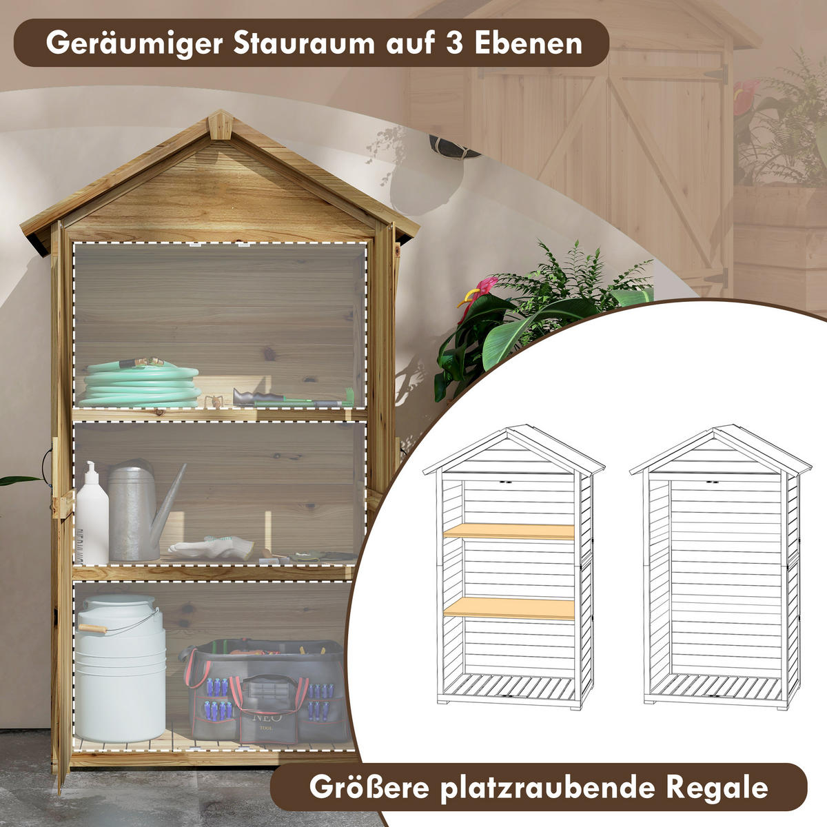 GARTENSCHRANK, 0,43m² Holz-Geräteschuppen, Gartenhaus mit Asphaltdach, Natur - Naturfarben, Holz (54/177/102cm) - Outsunny