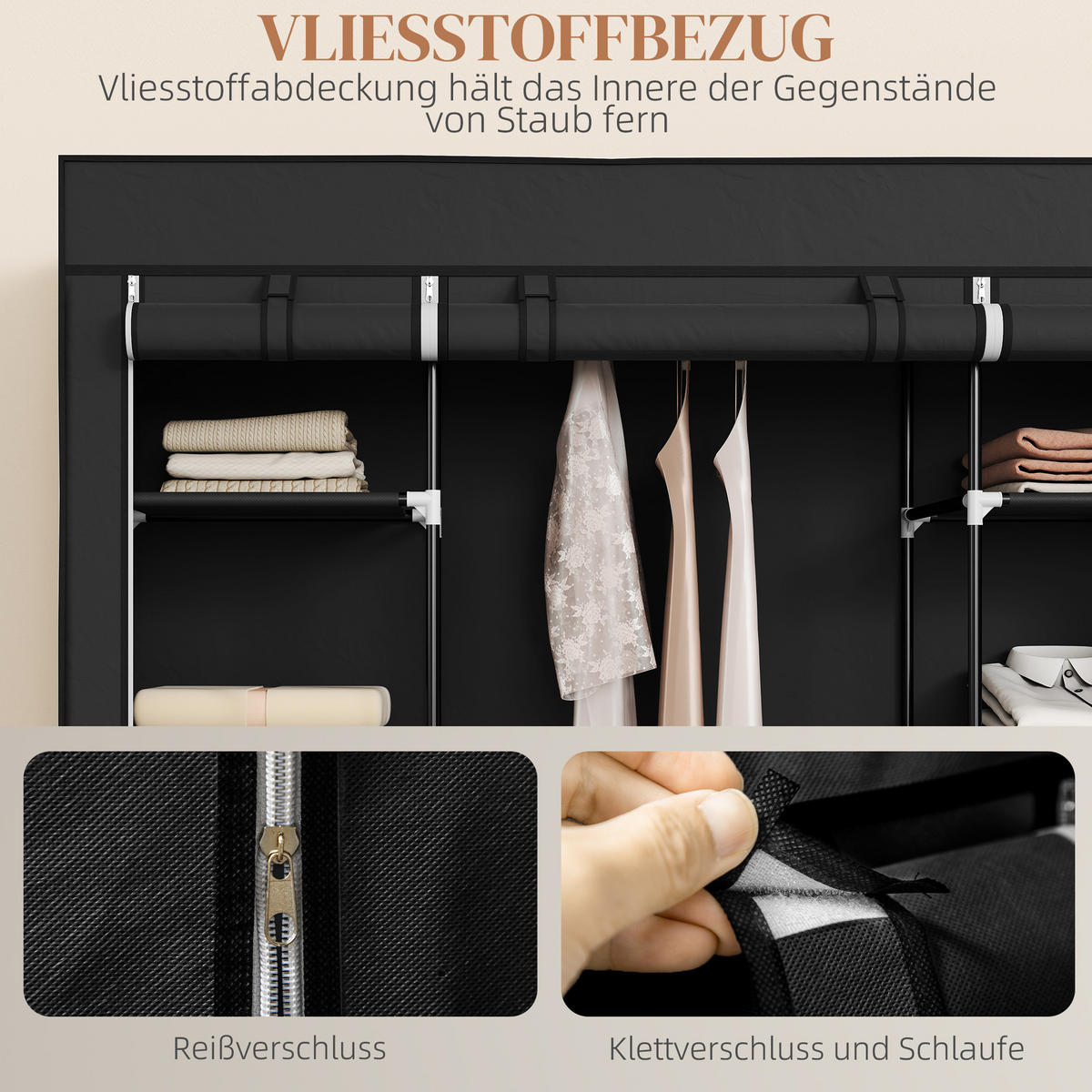 STOFFSCHRANK, Faltschrank mit Reißverschluss, Kleiderschrank, Tragbare Garderobe - Schwarz, Metall (43/162.5/150cm) - HOMCOM