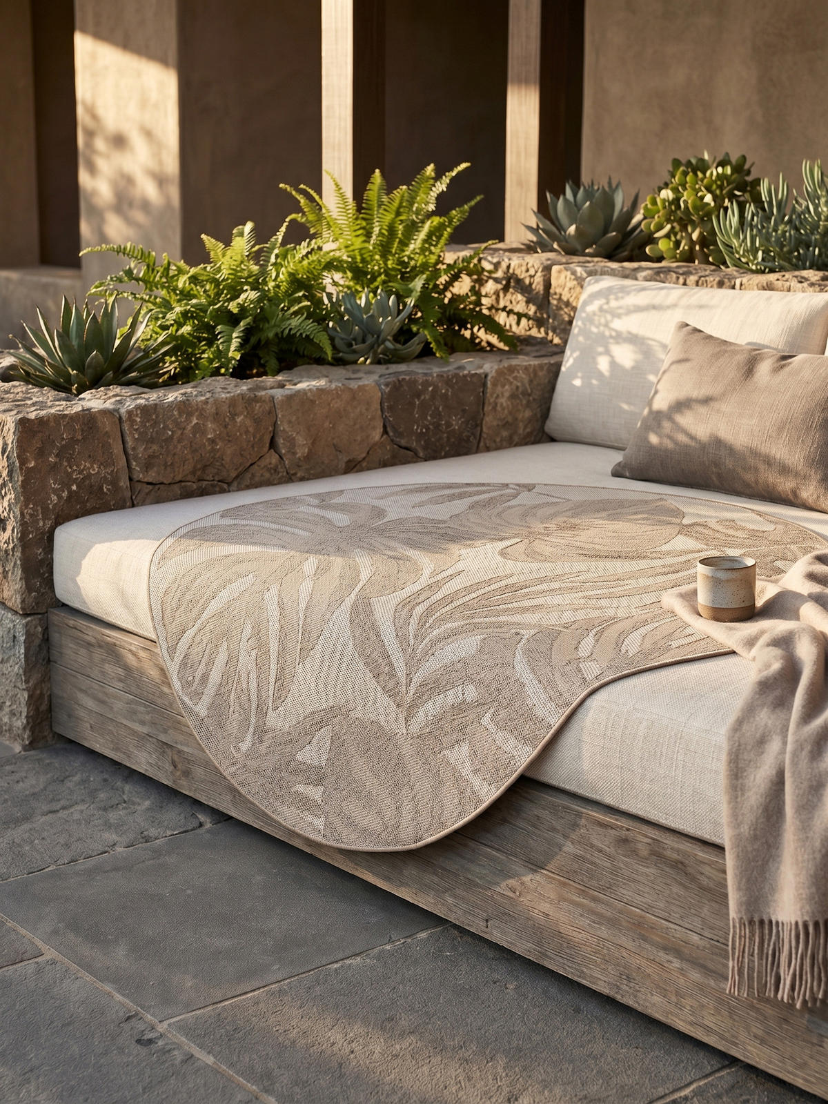 TEPPICH Outdoor VENTOUX in Beige, mit Tropen-Motiv, Ø 120 cm - Beige, Textil (120/120cm) - KADIMA DESIGN