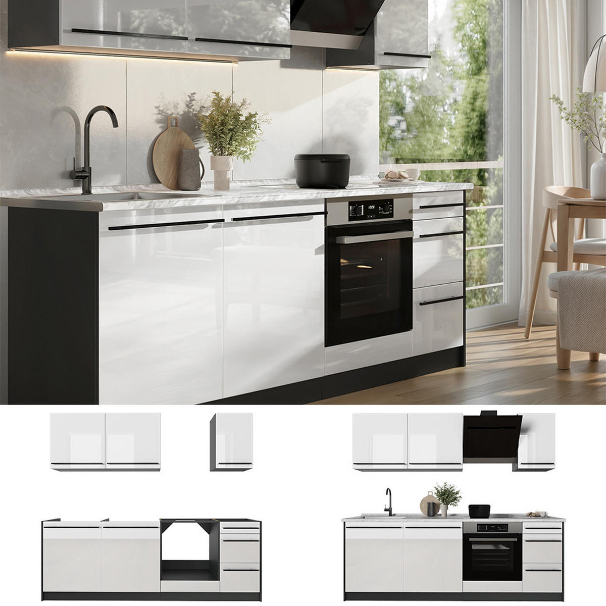 KUCHYŇSKÝ KOUT R-Line, Bílá vysoký lesk/Antracit, 220 cm pracovná doska Dub Goldkraft - antracitová/vysoce lesklá bílá, kompozitní dřevo (220/81.6/60cm) - Vicco