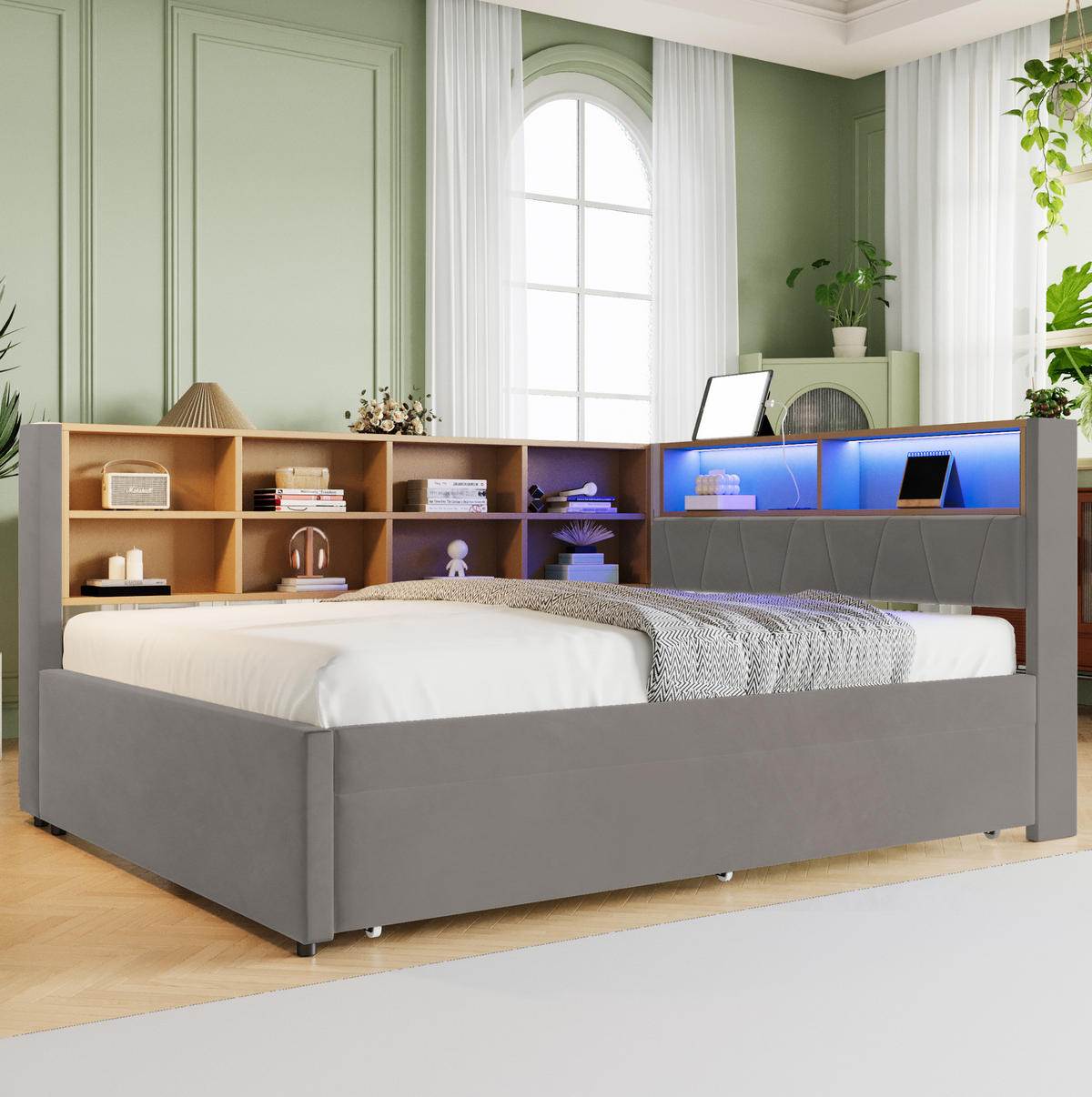 BETT 140/200 cm mit Ausziehbett 90/190 cm, LED und USB-/Type-C-Anschlüssen - Dunkelgrau, Textil (140/200cm) - Flora Grace